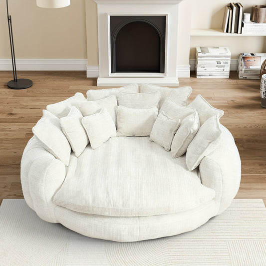 81.1" W Oversized Round Chaise Lounge, Fluffy Lazy Bean Bag Sofa With 14 Pillows, Comfy Chenille Upholstered Barrel Sleeper Bed, Modern Deep Seat Cloud Couch For Living Room Apartment SS69 783.69 White