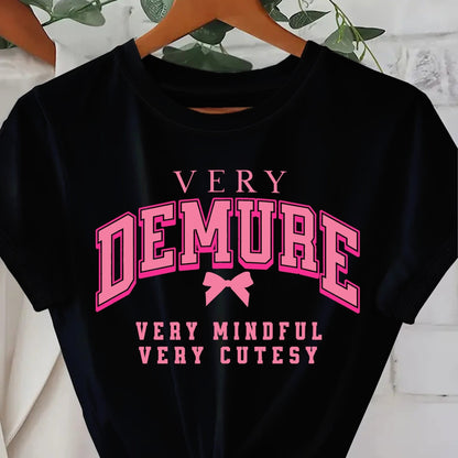 [Soft Graphic Tee] Soft Knit Women's Casual "Very Demure" Graphic Tee - Short Sleeve, Round Neck, Spring/Summer Fashion Top, White with Pink Print, Nontransparent Material, Bow Detail Shirt, Fitness Attire SS69 12.69 Black / XXL