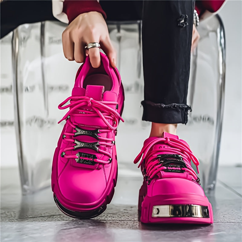 zhenyuezu Men's Stylish Casual Running Sneakers - Bright Pink, Durable & Non-Slip, Lace-Up with EVA Insole & PVC Sole, Perfect for Casual Attire, Street Style & Sports, Sports Footwear | Fashionforward Sneakers | Comfortable SS69