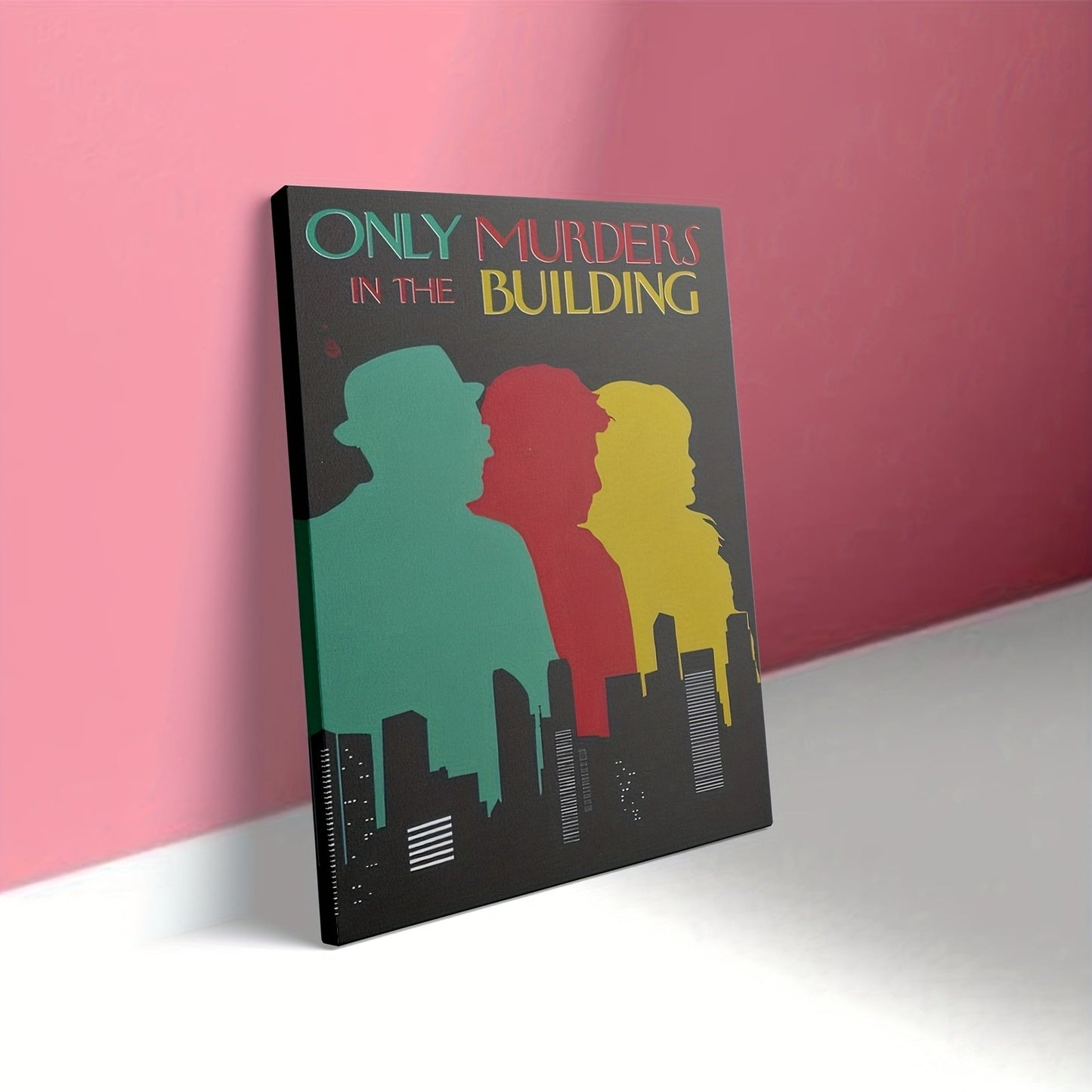 1pc Framed Canvas Painting - Only Murders in the Building Inspired Mystery Drama Decor - Dark Background with Green, Red, Yellow - Ready-to-Hang for Living Room, Office, Cafe - True Crime Fan Gift Idea - Framed Flat Canvas Wa SS69