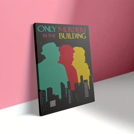 1pc Framed Canvas Painting - Only Murders in the Building Inspired Mystery Drama Decor - Dark Background with Green, Red, Yellow - Ready-to-Hang for Living Room, Office, Cafe - True Crime Fan Gift Idea - Framed Flat Canvas Wa SS69