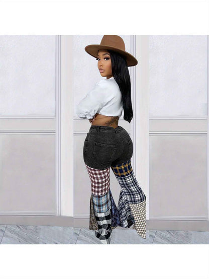 Denim Trousers for Women with a Houndstooth Pattern, Featuring Flared Legs And Ruffles.
