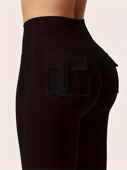Full Of Elasticity Slim Fit Women's Pocket Yoga Pants - High Waist, Wide Legs, Solid Color, With Phone Pocket - SS69