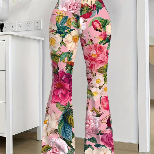 Women's High-Waisted Flared Pants with Vibrant Floral Print - Stretchy Comfort Fit, Machine Washable, All-Season Versatile for Casual & Formal Outfits, Outfit Enhancer | Comfortable Fit SS69 12.69 Multicolor / XXL