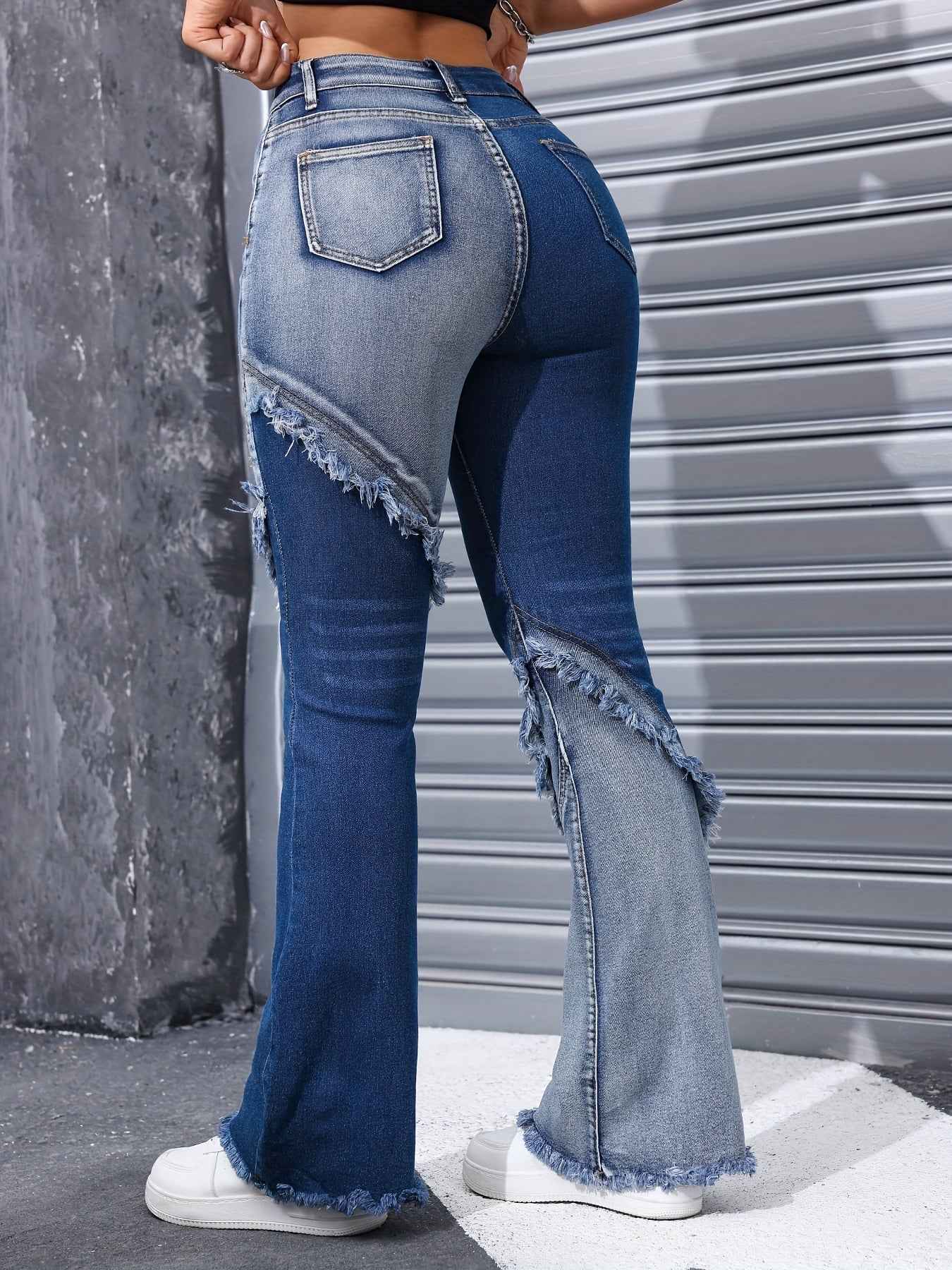 Women's High Waist Stretch Denim Jeans - Slim Fit Y2K Street Style with Two-Tone Patchwork & Raw Edge Flared Legs, Machine Washable Blue Washed Trousers, Trendy Outfit Pants, Bellbottom Silhouette, Detailed Stitching