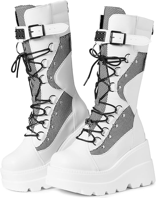 Goth Platform Mid-Calf Boots with Chunky Wedge Heel
