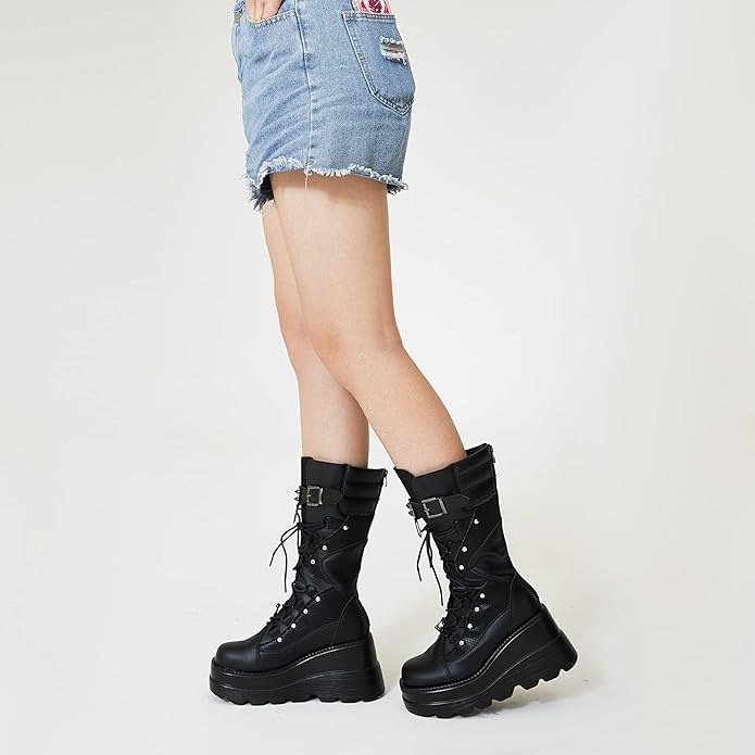 Goth Platform Mid-Calf Boots with Chunky Wedge Heel