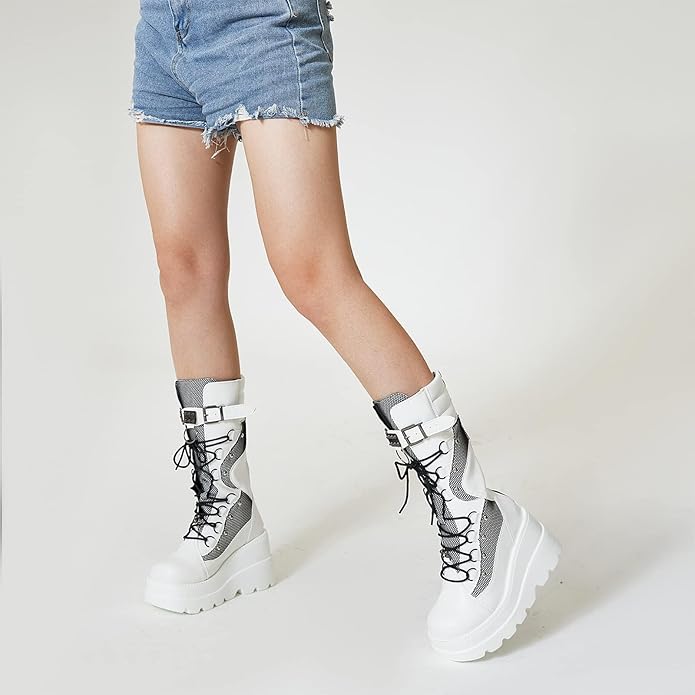 Goth Platform Mid-Calf Boots with Chunky Wedge Heel