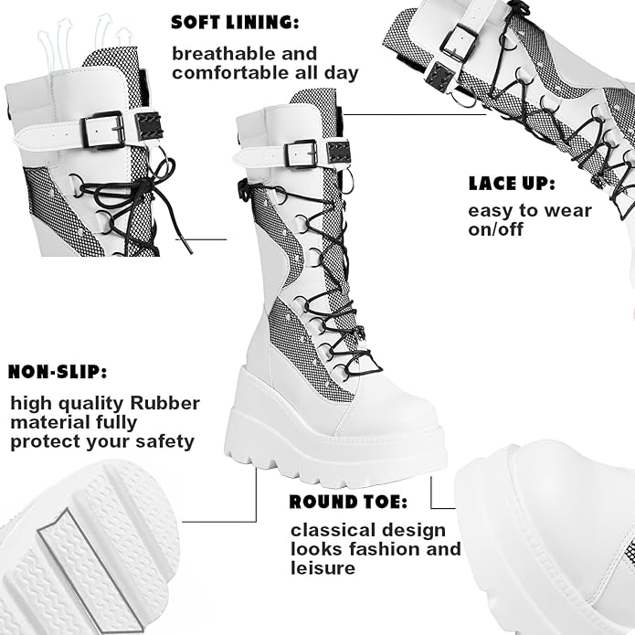 Goth Platform Mid-Calf Boots with Chunky Wedge Heel