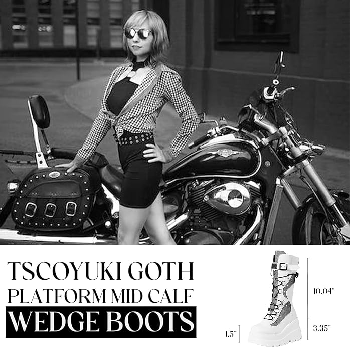 Goth Platform Mid-Calf Boots with Chunky Wedge Heel