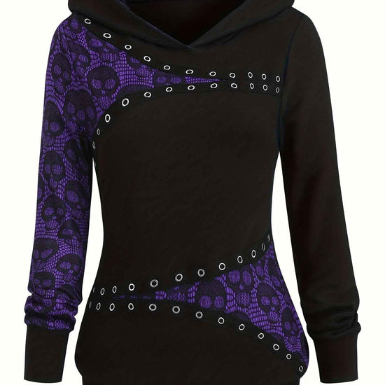 Women's Gothic Retro Skull & Lace-like Hooded Sweater - Black & White Color-Block Long Sleeve with Metal Grommet Eyelets, Slim-Fit Winter Warm Pullover, Machine Washable for Casual & Costume Outfits