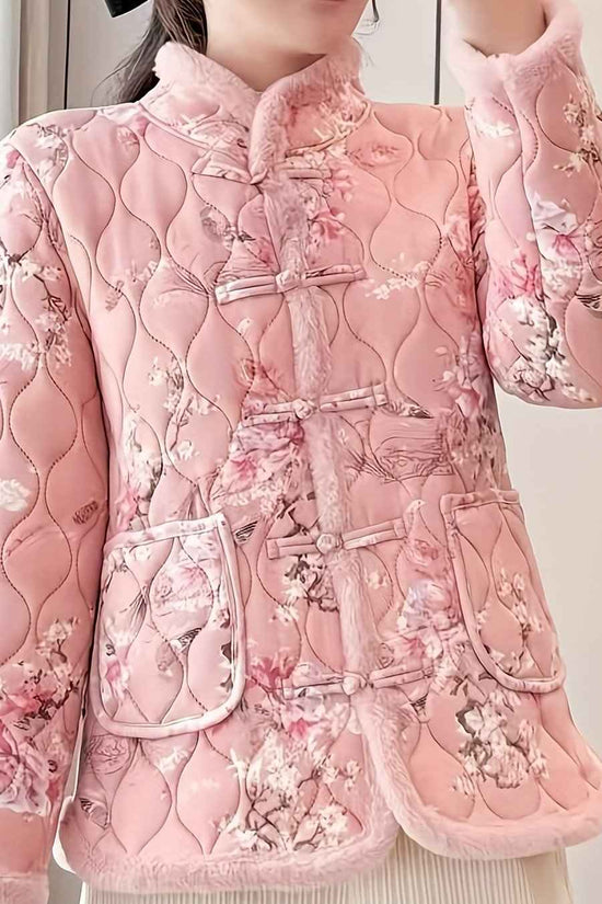 Plus Size, Women's Chinese Style Winter Coat with Cheona Collar (Standing Pronunciation) - Thick Padded Warm Jacket, Retro Button Front, Zipper Back Closure, Machine Washable Outerwear