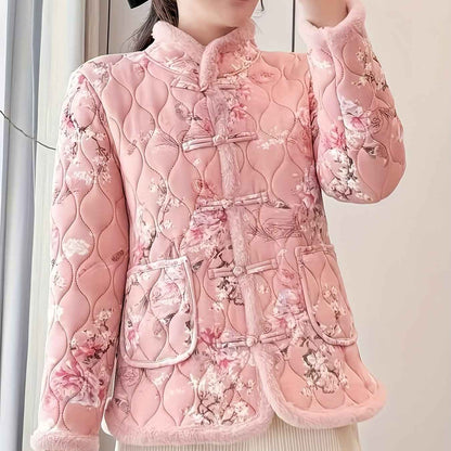 Plus Size, Women's Chinese Style Winter Coat with Cheona Collar (Standing Pronunciation) - Thick Padded Warm Jacket, Retro Button Front, Zipper Back Closure, Machine Washable Outerwear