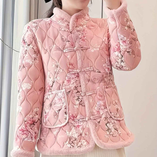 Plus Size, Women's Chinese Style Winter Coat with Cheona Collar (Standing Pronunciation) - Thick Padded Warm Jacket, Retro Button Front, Zipper Back Closure, Machine Washable Outerwear