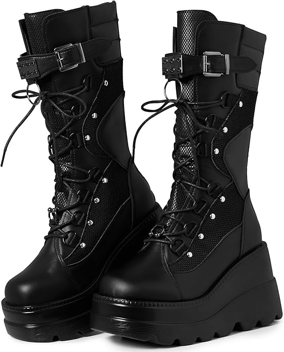 Goth Platform Mid-Calf Boots with Chunky Wedge Heel