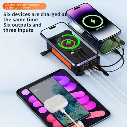 [Wireless Power Bank] 30000mAh Power Bank Wireless Charger | 15W Fast Charging, 7 Outputs, 4 Inputs, Solar Portable, SOS/Strobe/Strong Flashlights, Hand Crank, 3 Cables - Orange