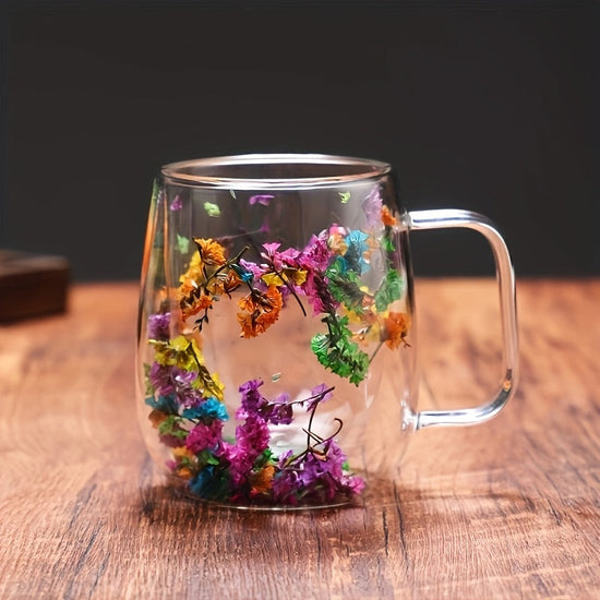1pc Innovative Double Glass with Real Dry Flowers-High Borosilicate Glass, Suitable for Coffee and Tea-Ideal for Home, Office or Bar Use. SS69