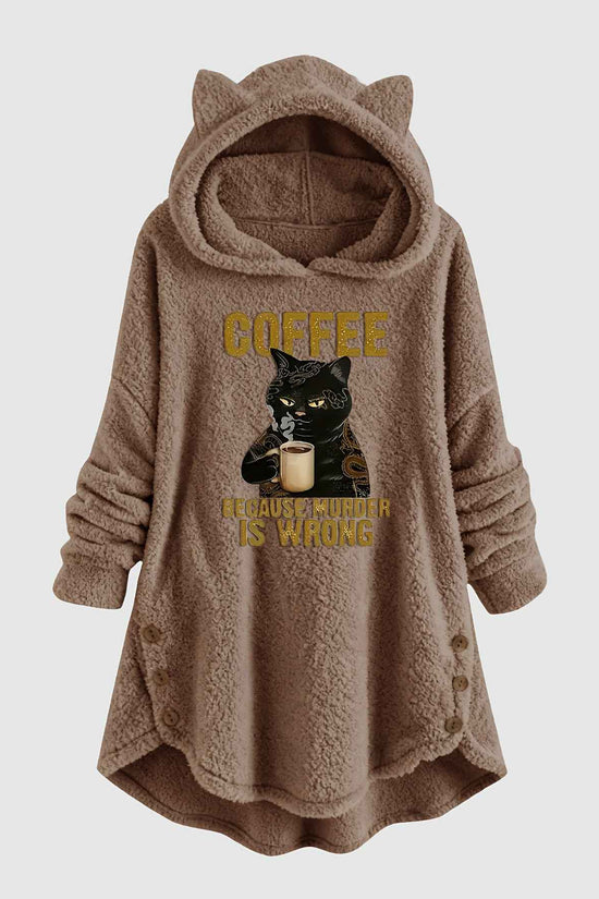 Plus Size - Women'S Plus Size Casual Teddy Hoodie with Cat Ears and Button Details | Long Sleeve, Asymmetrical Hem, Fall/Winter, Animal Print, Pullover Style