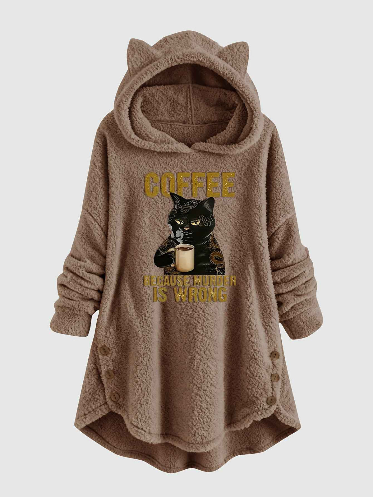 Plus Size - Women'S Plus Size Casual Teddy Hoodie with Cat Ears and Button Details | Long Sleeve, Asymmetrical Hem, Fall/Winter, Animal Print, Pullover Style