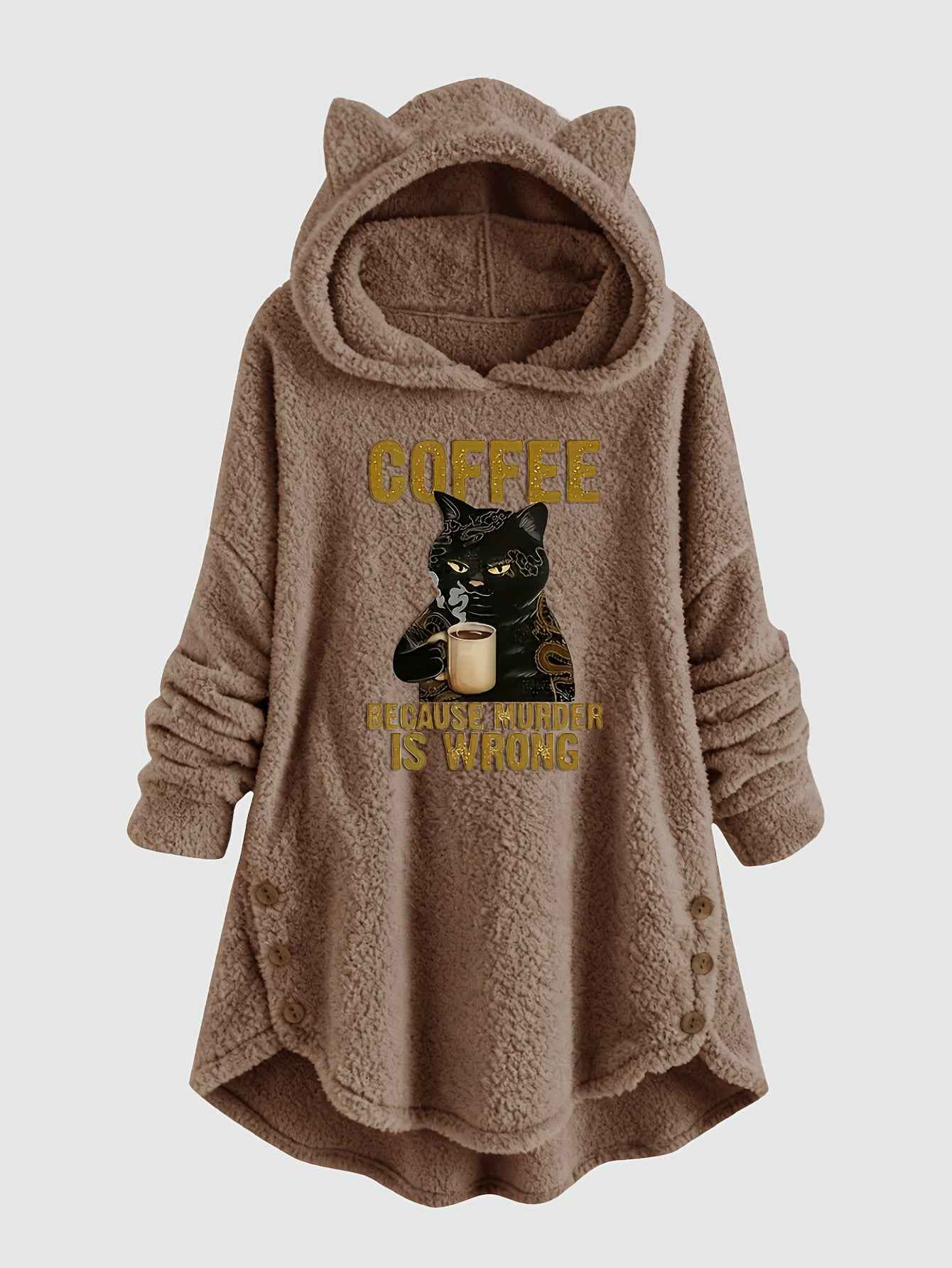 Plus Size - Women'S Plus Size Casual Teddy Hoodie with Cat Ears and Button Details | Long Sleeve, Asymmetrical Hem, Fall/Winter, Animal Print, Pullover Style