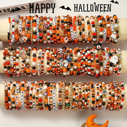 [Spooky Halloween Bracelets] 6/12/18/24/30/36pcs Spooky Halloween Beaded Bracelets | Goth Pumpkin Bat Witch Charm Stretch Stackable Bracelet Set for Women Men - Orange Beads Holiday Jewelry Gifts for Everyday Wear And Parties SS69