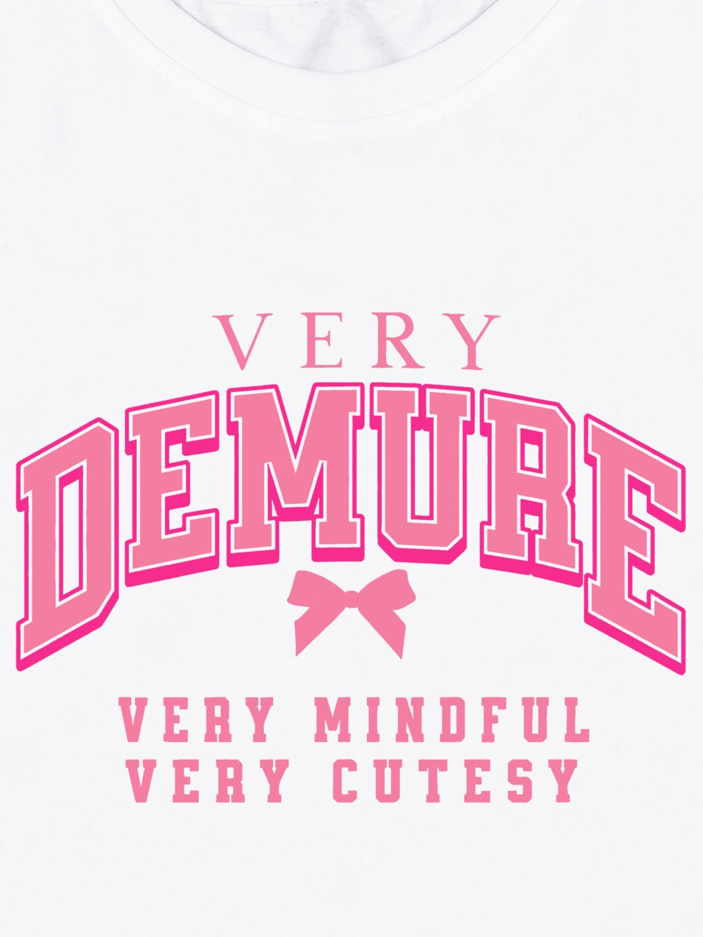 [Soft Graphic Tee] Soft Knit Women's Casual "Very Demure" Graphic Tee - Short Sleeve, Round Neck, Spring/Summer Fashion Top, White with Pink Print, Nontransparent Material, Bow Detail Shirt, Fitness Attire SS69