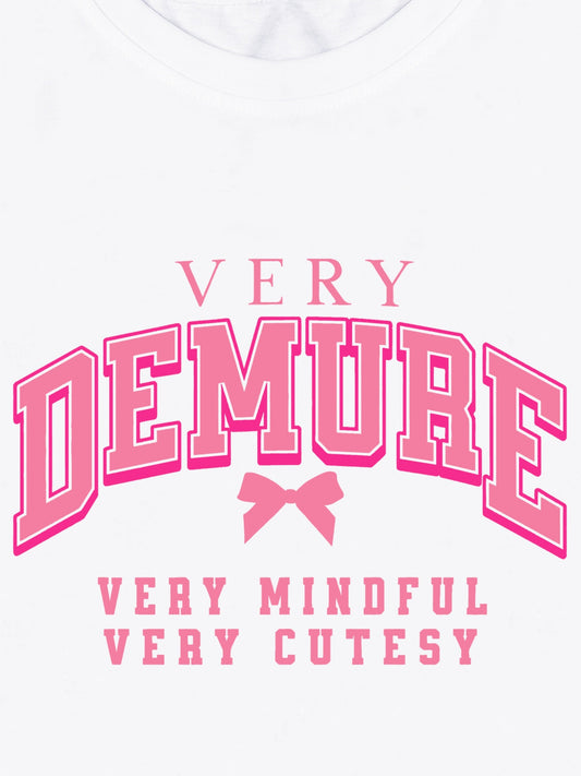 [Soft Graphic Tee] Soft Knit Women's Casual "Very Demure" Graphic Tee - Short Sleeve, Round Neck, Spring/Summer Fashion Top, White with Pink Print, Nontransparent Material, Bow Detail Shirt, Fitness Attire SS69