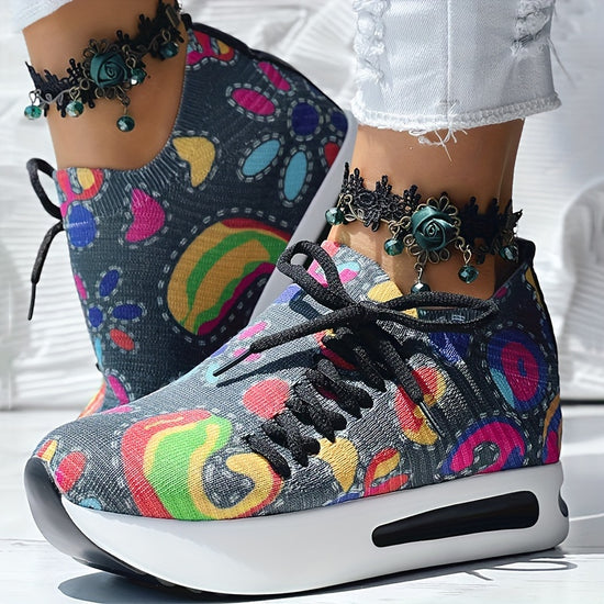 Fabric Upper Low Top Women's Fashion Sneakers, Casual Lace-up Printed Shoes, MD Sole, Fabric Lining, Random Print, All-Season - SS69