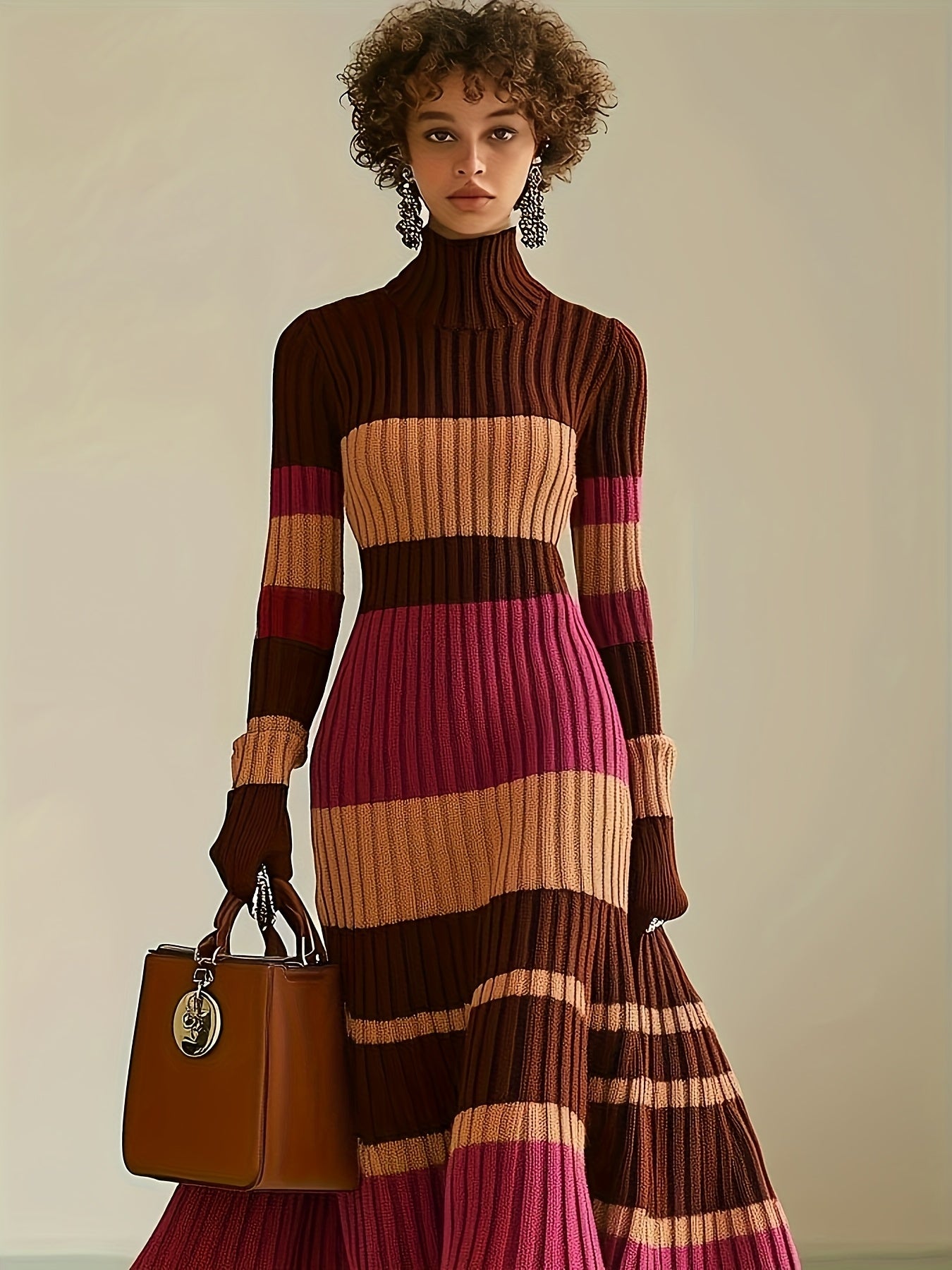 [Stylish Dress] Stylish Women's Color-Block Dress | High Neck Turtleneck Long Sleeve with Ribbed Texture, Striped Pattern in Brown Pink White Black, Flared Skirt & Pockets for Fall Winter Outfits, Sophisticated Craftsmanship, SS69