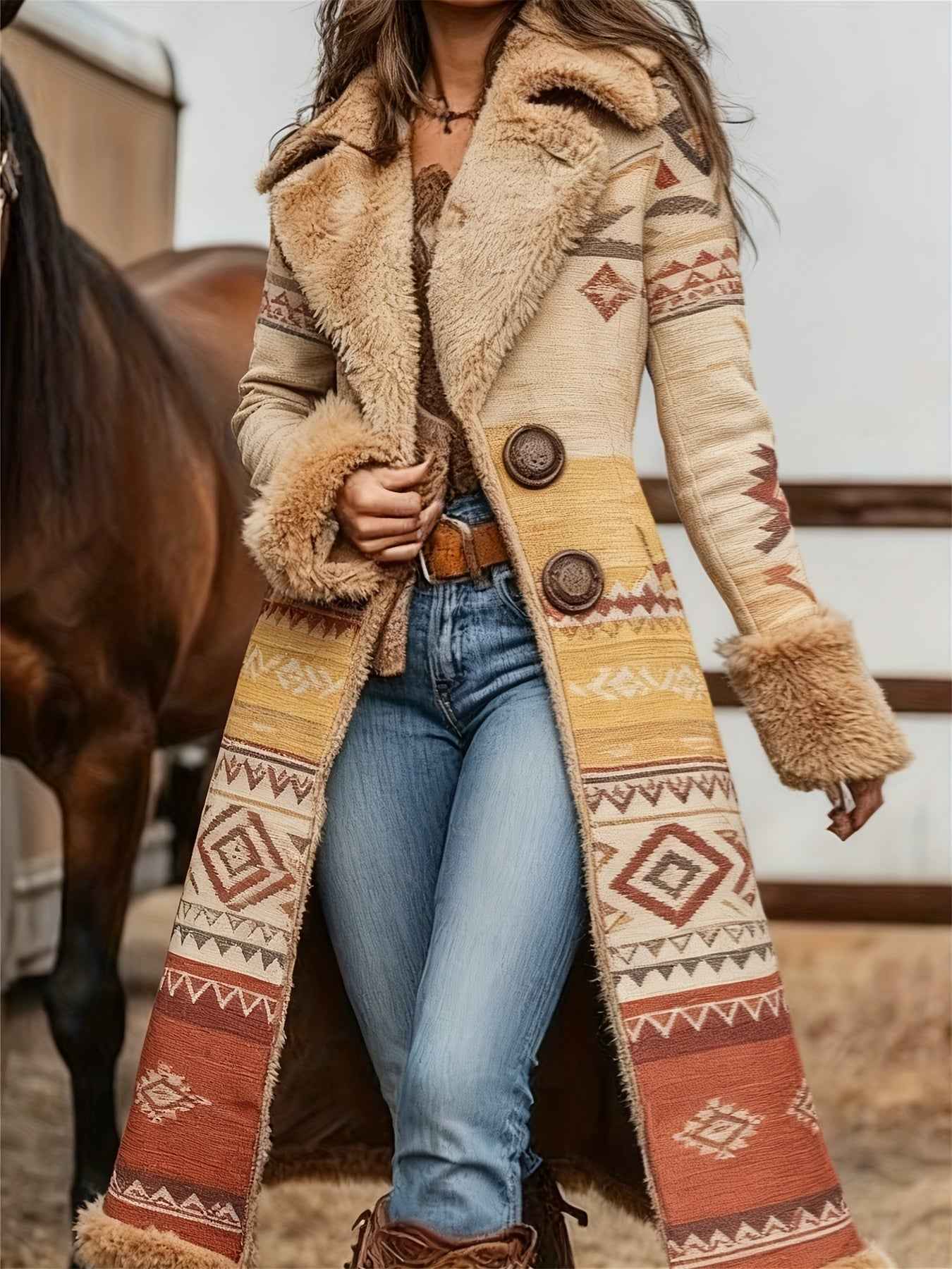 Women's Western Retro Style Winter Warm Coat - Western Print Jacket with Collar, Machine Washable Outerwear for Fall & Winter, Non-Stretch Blazer for Casual or Dressy Outfits