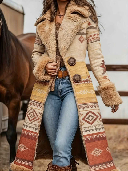 Women's Western Retro Style Winter Warm Coat - Western Print Jacket with Collar, Machine Washable Outerwear for Fall & Winter, Non-Stretch Blazer for Casual or Dressy Outfits