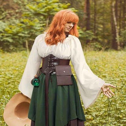 Women's Medieval Renaissance Dress Costume with Corset Belt & Pouch - Bohemian Style Medieval Attire, Scale/Impressions (Not Feathers), Standard Sizing (No Plus Size) for Renaissance Fairs, Medieval Parties, Historical Events