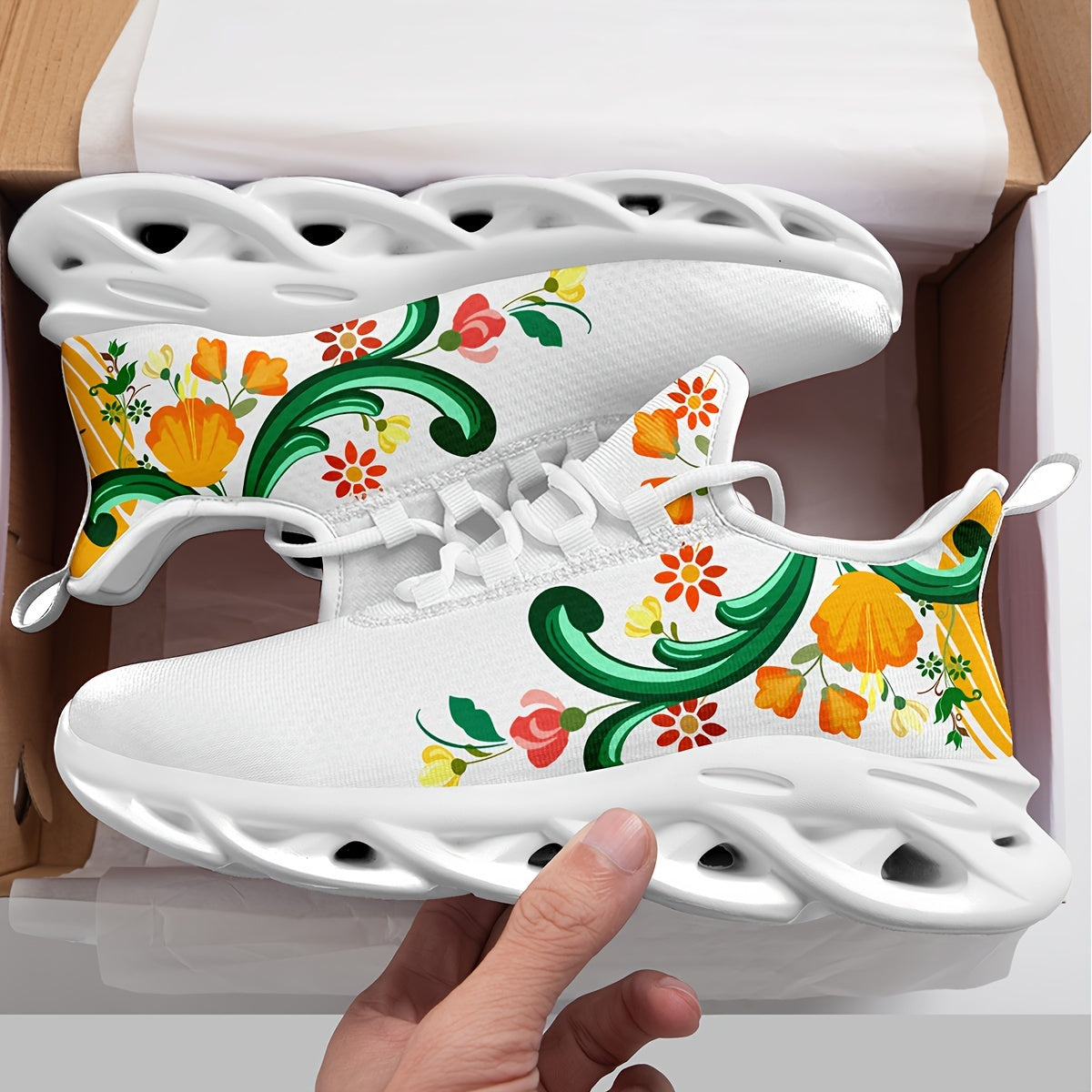 Women's Flower Detail Lace-up Blade Type Running Shoes, Lightweight Low Top Fashion Casual Sneakers, Women's Footwear - SS69