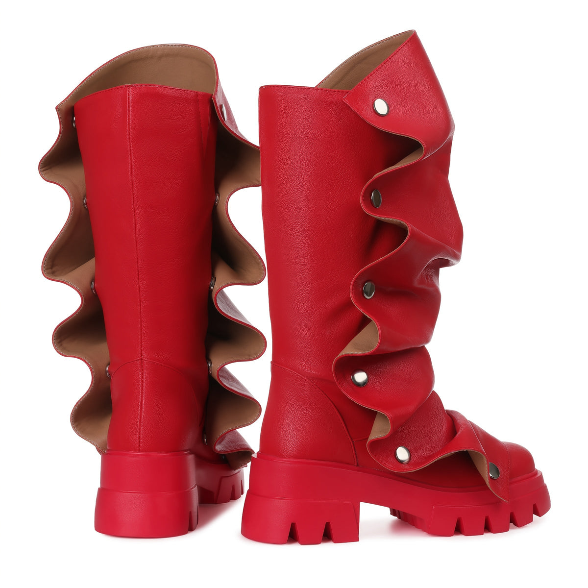 Women'S Round Toe Ruched Studded Mid Calf Chunky Heel Boots Stylish Boots Casual Dating Shoes SS69