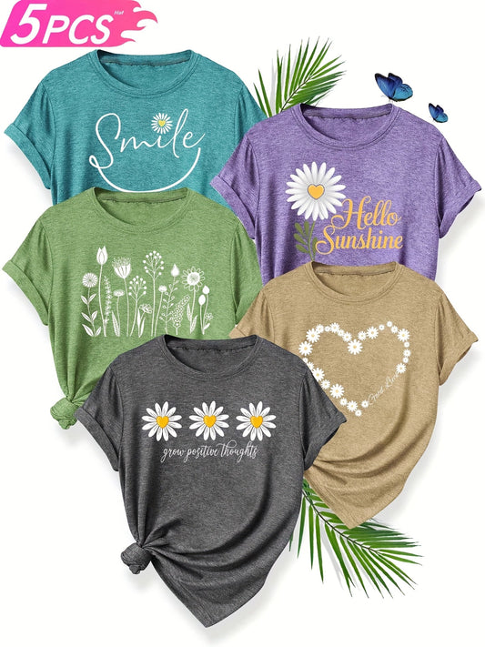 5pcs Women'S Casual Crew Neck Short Sleeve T-Shirts - Floral, Heart, and Smile Print Designs in Purple, Green, Pink, and Blue - Soft Stretch Fabric for Spring, Summer, and Fall, Plus Sizes Available, Plus Size Tee | Floral Pr SS69