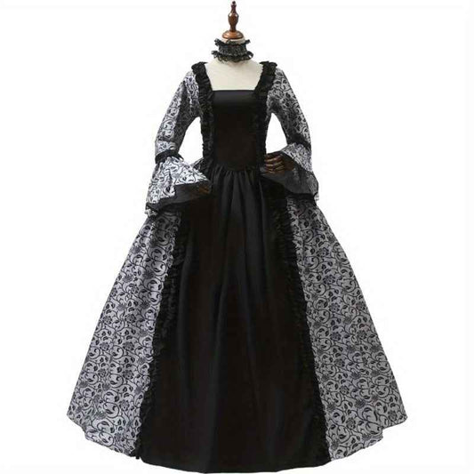 [Vintage Medieval Dress] Vintage Medieval Dress for Women - Victorian Gown with Intricate Lace Detailing, Long Sleeves & Ruffled Neckline, Perfect for Themed Parties, Stage Performances & Cosplay Events