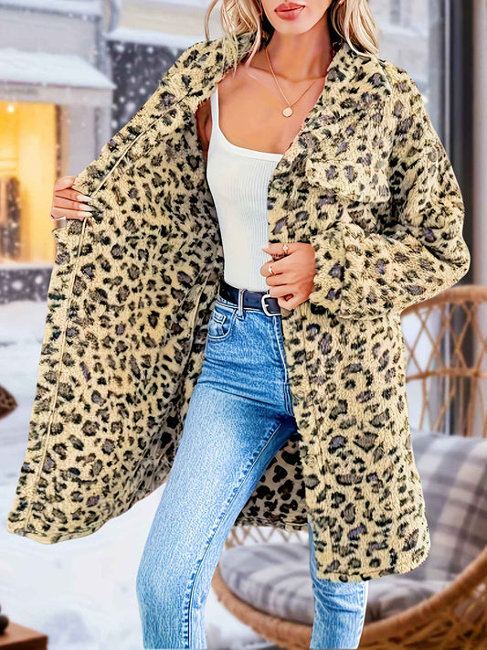 Plus Size - Plus Size - Plus Size - Plus Size - Plus Size - Women'S Plus Size Leopard Print Coat - Casual Long Sleeve Button-Up Jacket with Lapel Collar, Medium Stretch Fabric, Perfect For Fall/winter, Leopard Print Jacket, W