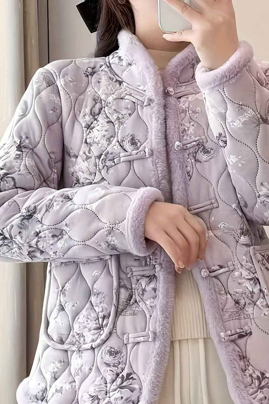 Plus Size, Women's Chinese Style Winter Coat with Cheona Collar (Standing Pronunciation) - Thick Padded Warm Jacket, Retro Button Front, Zipper Back Closure, Machine Washable Outerwear