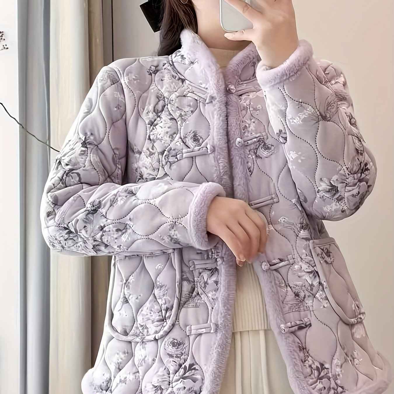 Plus Size, Women's Chinese Style Winter Coat with Cheona Collar (Standing Pronunciation) - Thick Padded Warm Jacket, Retro Button Front, Zipper Back Closure, Machine Washable Outerwear