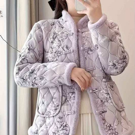 Plus Size, Women's Chinese Style Winter Coat with Cheona Collar (Standing Pronunciation) - Thick Padded Warm Jacket, Retro Button Front, Zipper Back Closure, Machine Washable Outerwear