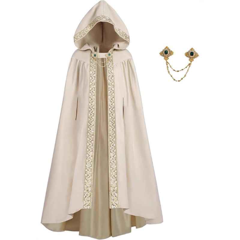 Medieval-Style Hooded Cape Costume, Celtic Knot & Satin Trim, Adjustable Tie-Front Closure, Renaissance Faire Outfit for Renaissance Festival Cosplay Themed Parties, Beige Pink Dark Green Burgundy