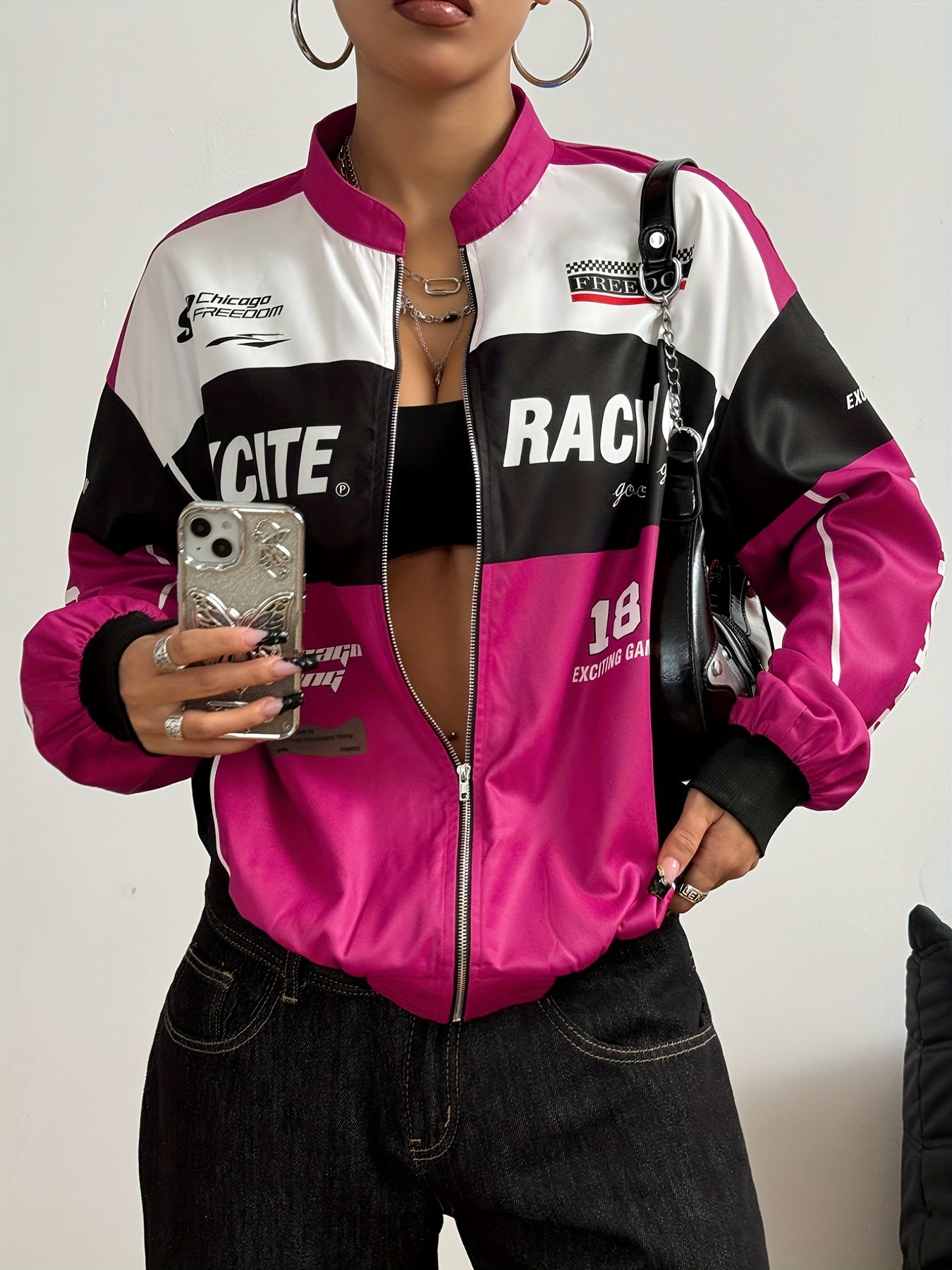 Women'S Vintage-Inspired Letter Print Bomber Jacket - Long Sleeve Zip-Up with Stand Collar, Lightweight Polyester, Black & White Design, Casual Chic for All Seasons SS69