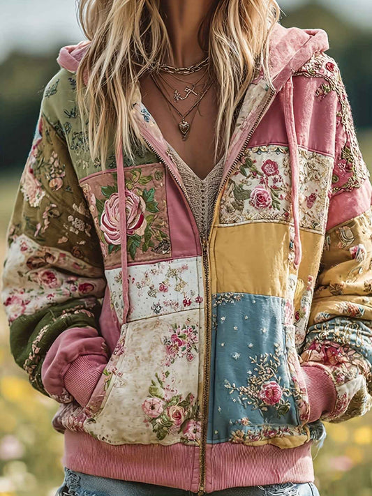 Plus Size, Women's Plus Size Vintage Bohemian Floral & plant print Hooded Jacket/Sweatshirt - Elegant Loose Fit Oversized Coat with Full-Length Zipper, H-Line Silhouette for Fall Winter Spring, Machine Washable for easy care
