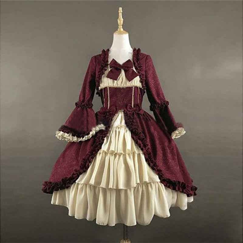 Medieval Victorian Steampunk Costume Dress Set - Square Neck Corset Bodice, Ruffled Lace-like Skirt & Waist Sash with Free Necklace - Renaissance Faire,, Themed Party Outfit for (Burgundy/Maroon)