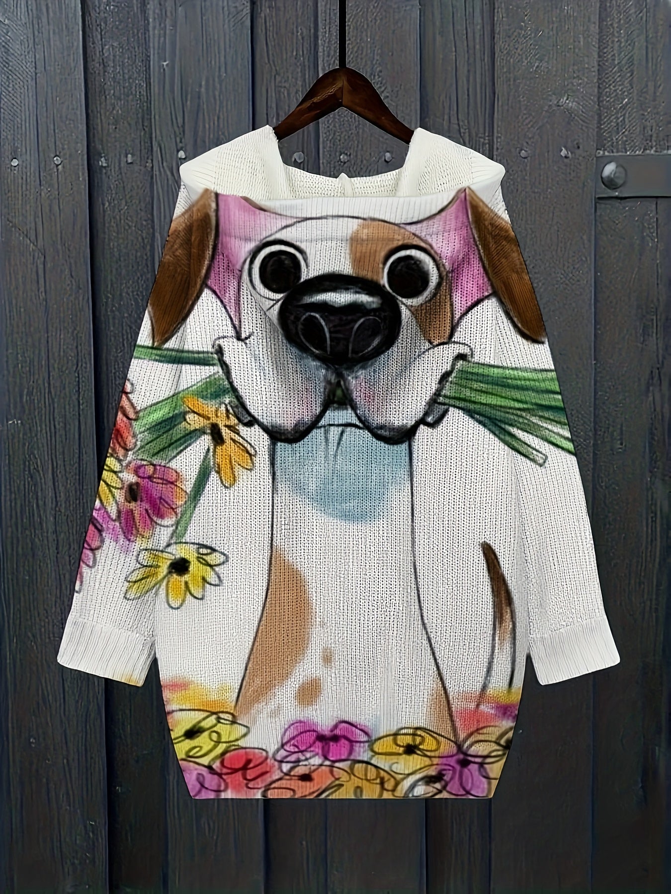 Plus Size Women'S Oversized Loose-Fit Hooded Sweater Jacket with Dalmatian Print & V-Neck - Cozy Winter Warm Coat, Machine Washable Casual Outerwear for Curvy Women, Plus Size Sweater Coat for Fall and Winter, Stylish Plus Si