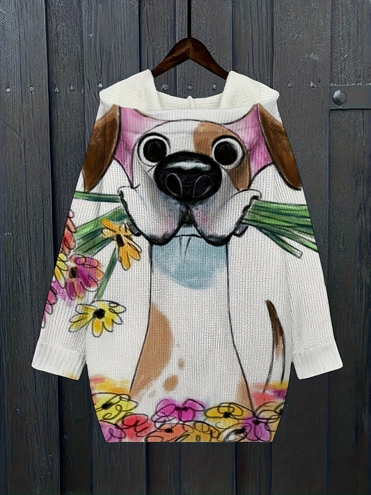 Plus Size Women'S Oversized Loose-Fit Hooded Sweater Jacket with Dalmatian Print & V-Neck - Cozy Winter Warm Coat, Machine Washable Casual Outerwear for Curvy Women, Plus Size Sweater Coat for Fall and Winter, Stylish Plus Si