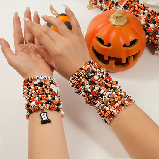 [Spooky Halloween Bracelets] 6/12/18/24/30/36pcs Spooky Halloween Beaded Bracelets | Goth Pumpkin Bat Witch Charm Stretch Stackable Bracelet Set for Women Men - Orange Beads Holiday Jewelry Gifts for Everyday Wear And Parties SS69