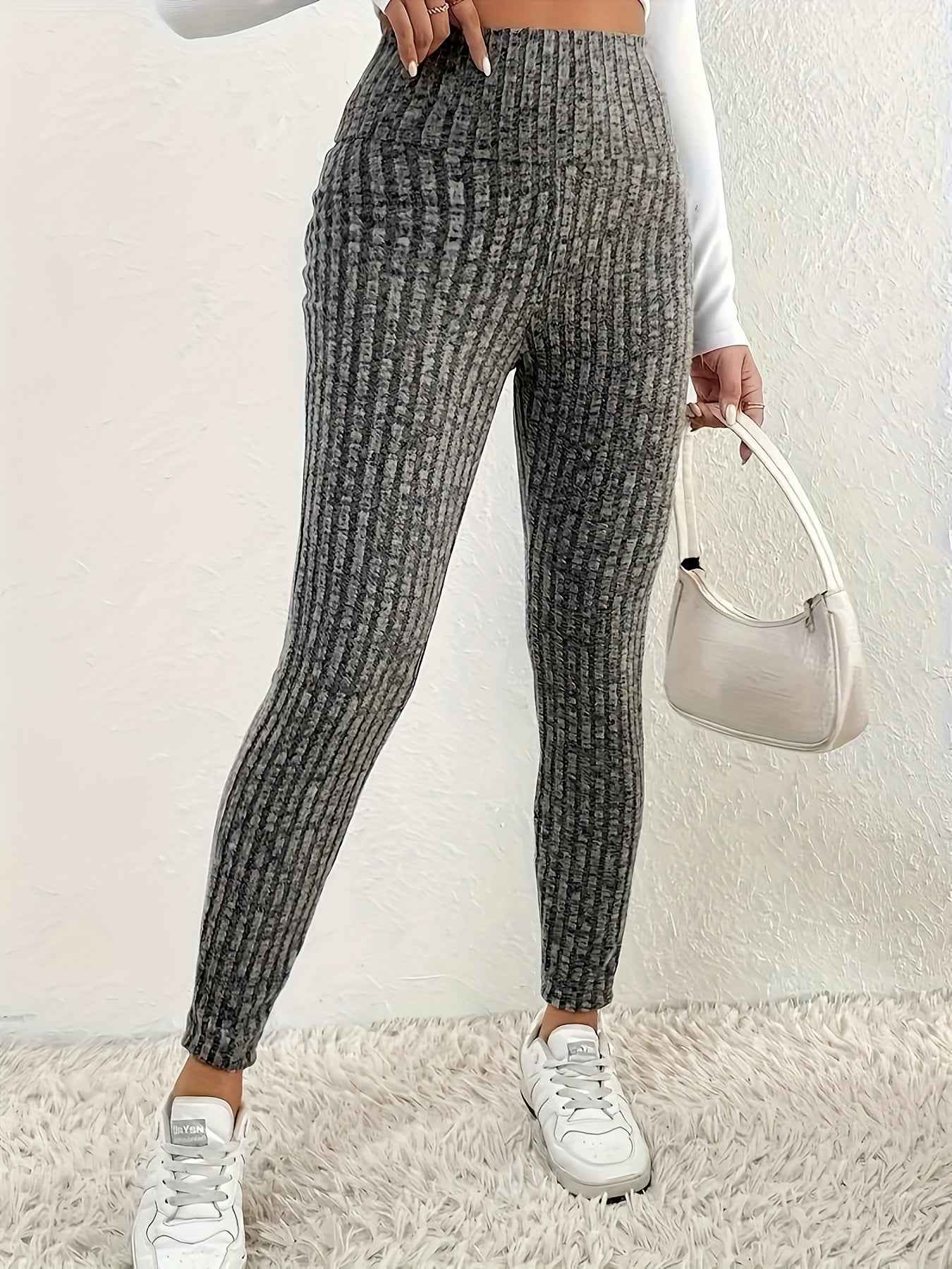 1pc Plus Size High Waist Solid Color Knit Leggings, Casual Stretchy Slimming Tights for Women, Polyester Knitted Fabric, Autumn/Winter Season