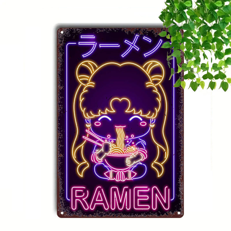 1pc Retro Japanese Ramen Girl Neon Sign - Contemporary Metal Wall Art, Multipurpose Decor for Bar, Cafe, Beach House & Backyard, No Electricity Needed, Easy Mounting, Anime Room Decor SS69