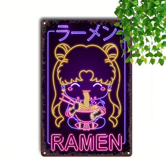 1pc Retro Japanese Ramen Girl Neon Sign - Contemporary Metal Wall Art, Multipurpose Decor for Bar, Cafe, Beach House & Backyard, No Electricity Needed, Easy Mounting, Anime Room Decor SS69